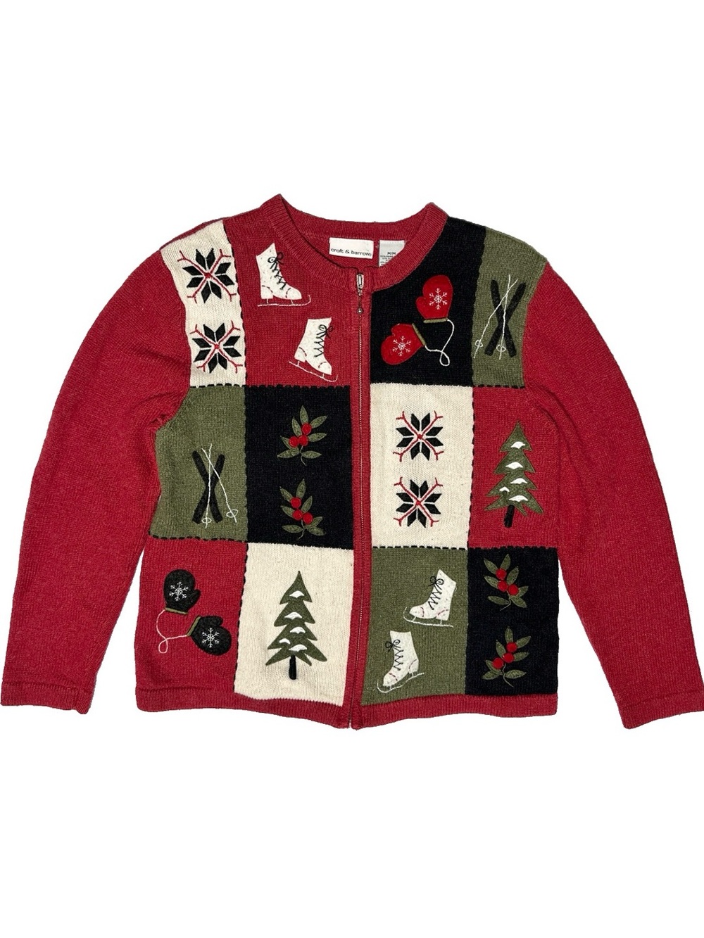 Christmas Holiday Cardigan Red Ski Ice Skate Winter Festive Zip Womens Med